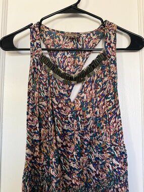 Boho Abstract Print Maxi Dress with Beaded Neckline – V-Neck Sleeveless